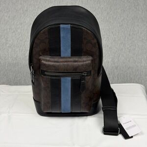 Coach West Pack Signature Canvas Varsity Stripe Brown Blue Sling Bag CDC53